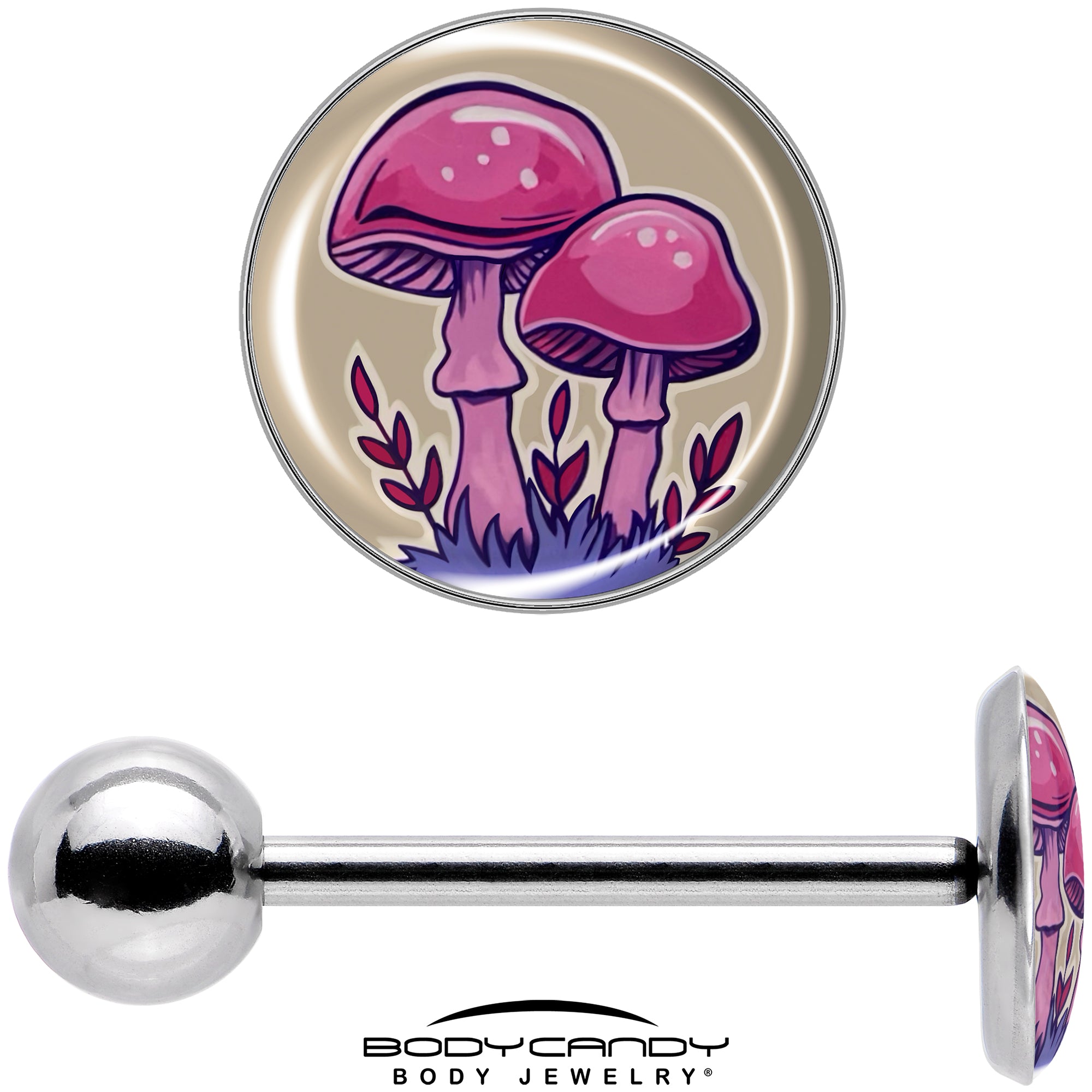 Artist Drawn Pink Mushrooms Barbell Tongue Ring