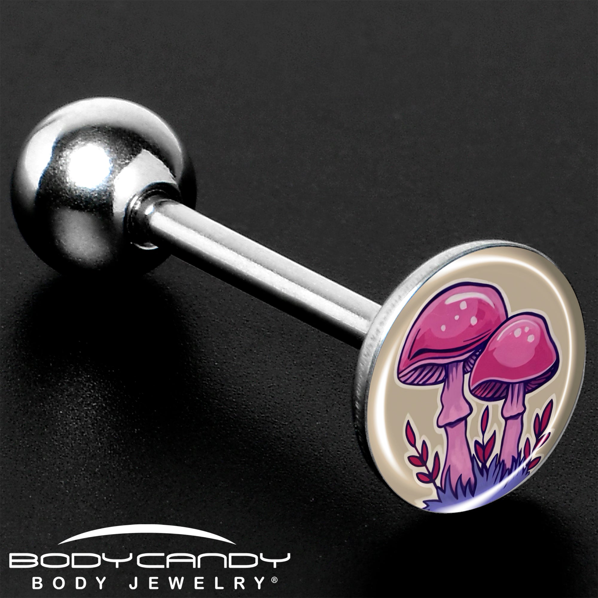 Artist Drawn Pink Mushrooms Barbell Tongue Ring