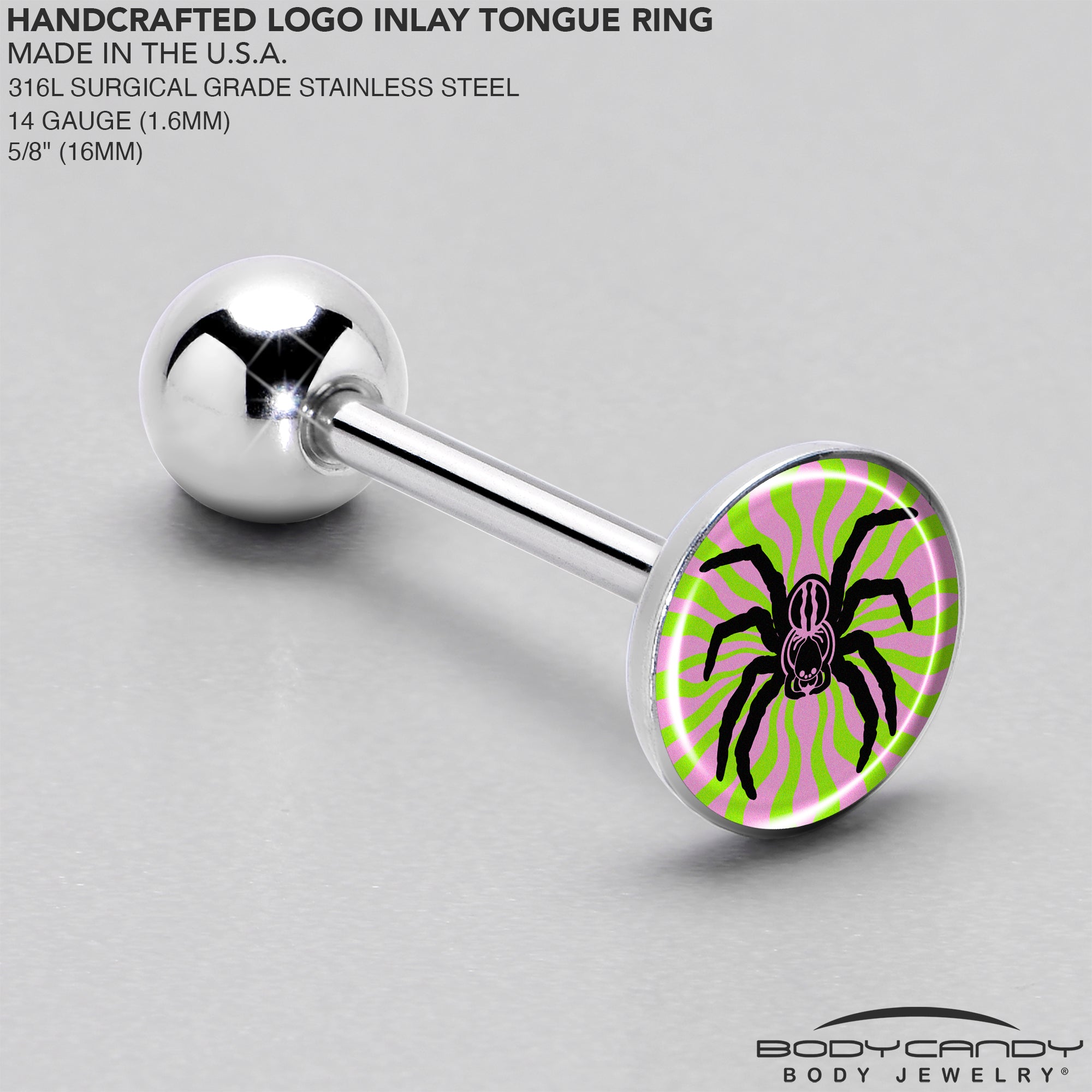 Barbell tongue ring featuring a psychedelic spider graphic