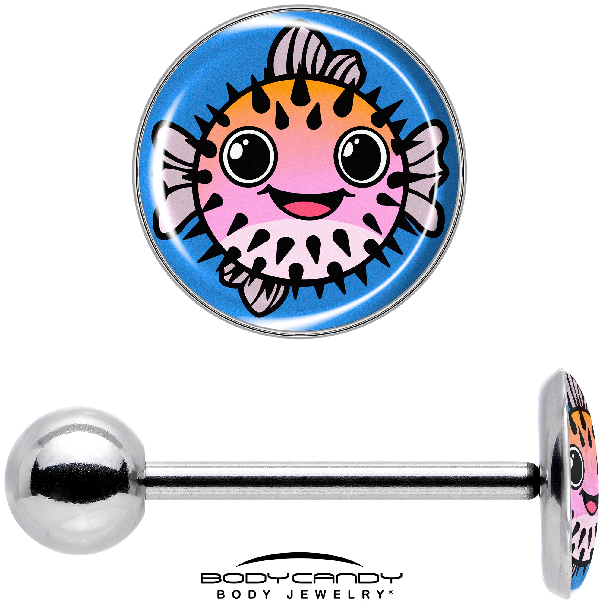 Colorful pink pufferfish swimming design on barbell tongue ring