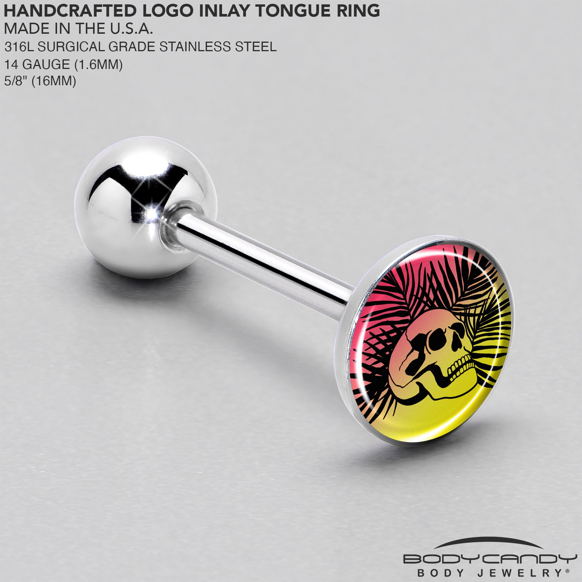 Red Haze Sunset Skull and Palms Barbell Tongue Ring