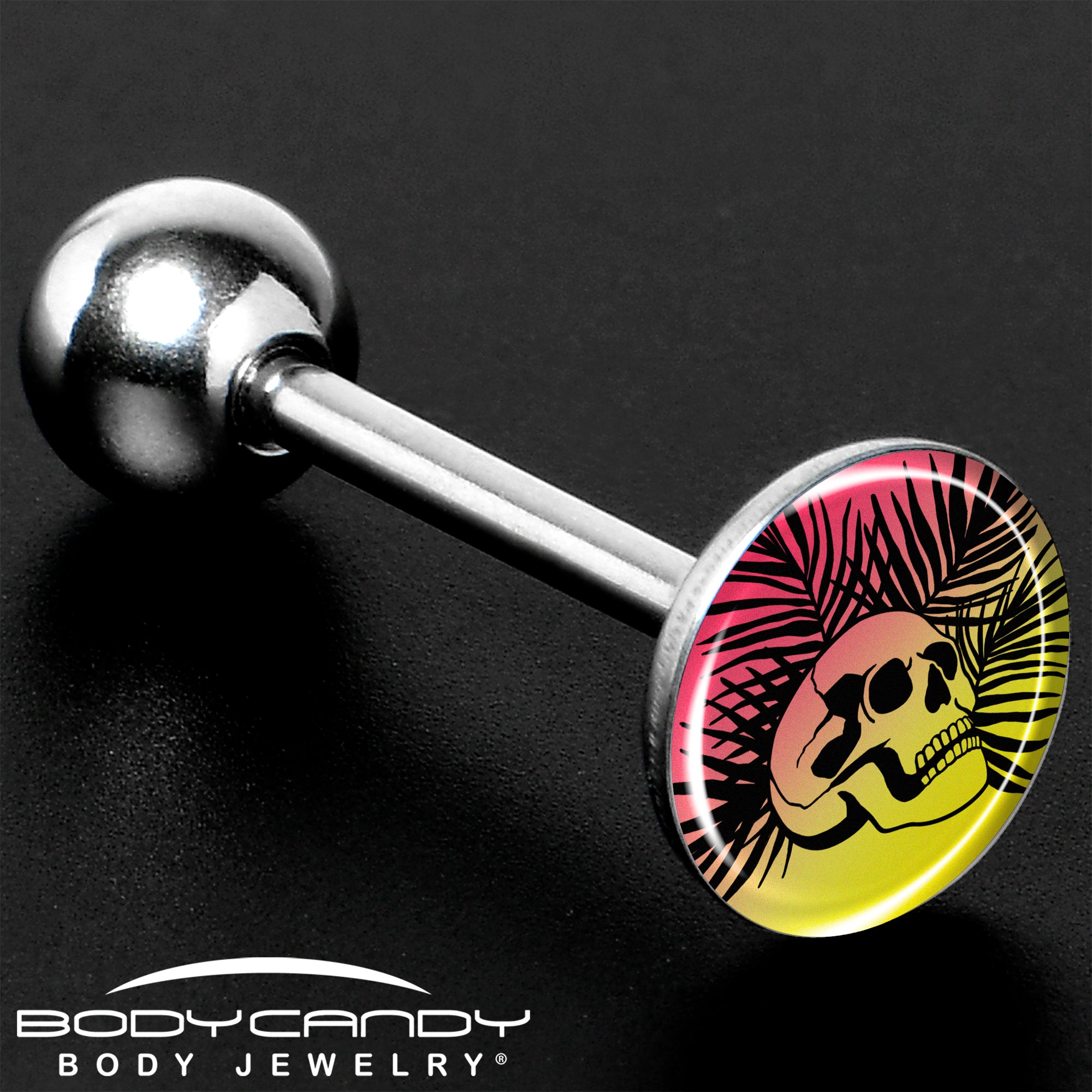 Red Haze Sunset Skull and Palms Barbell Tongue Ring