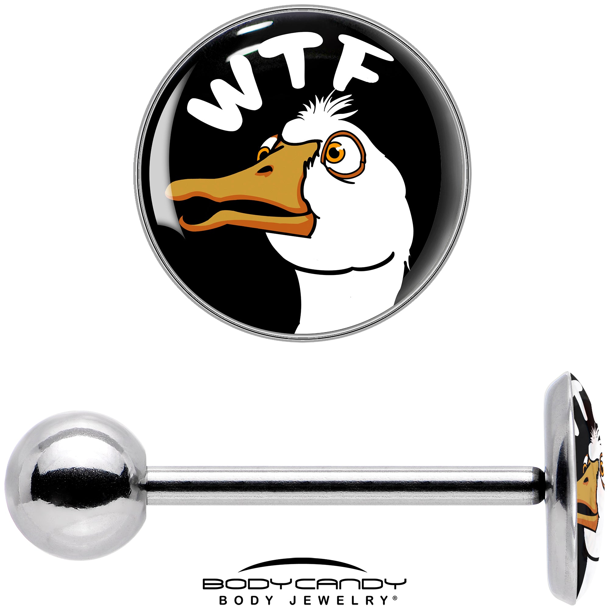 WTF Duck Barbell Tongue Ring Featuring Cartoon Duck Image