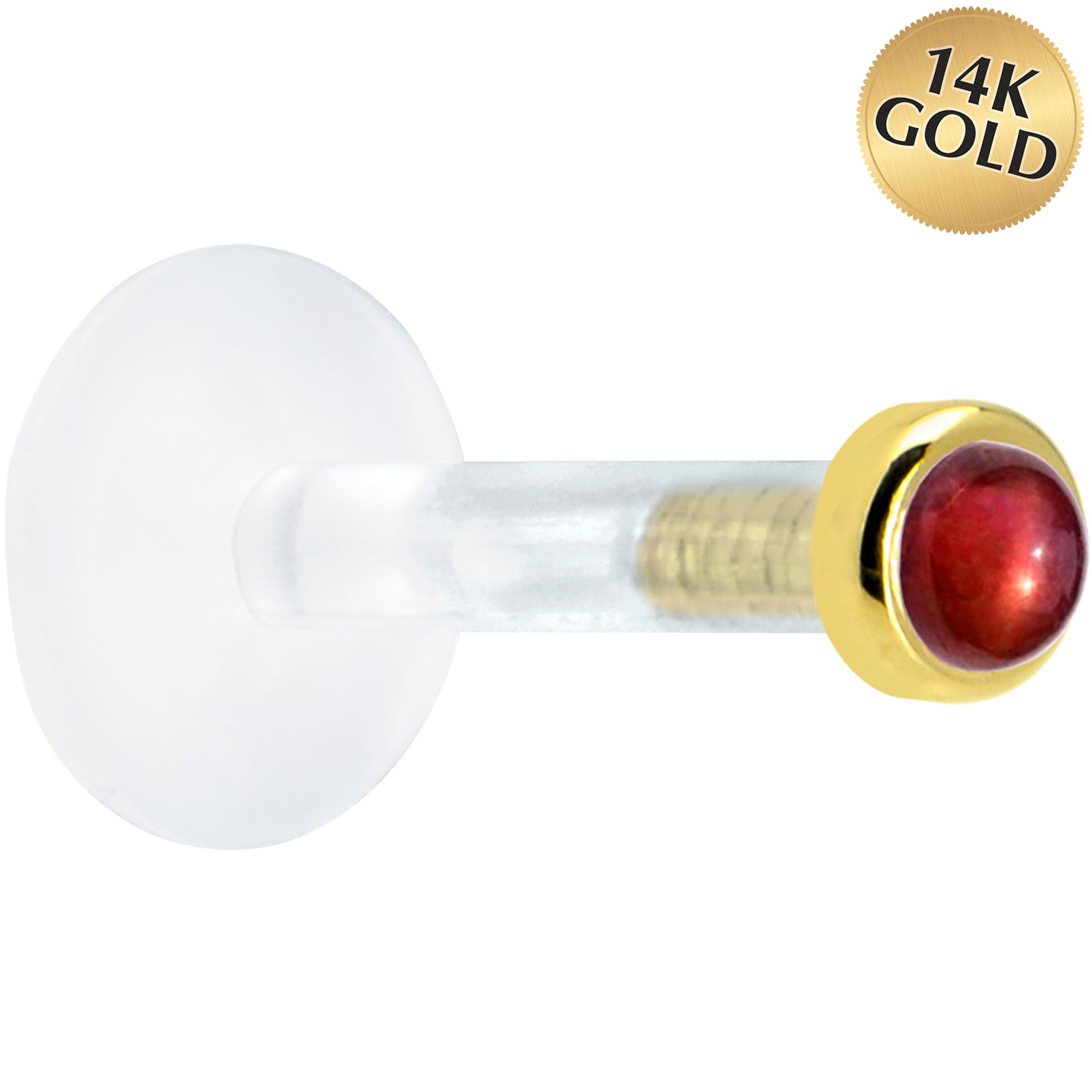 Solid 14KT Yellow Gold 2mm Genuine Red Garnet Bioplast Push in Labret