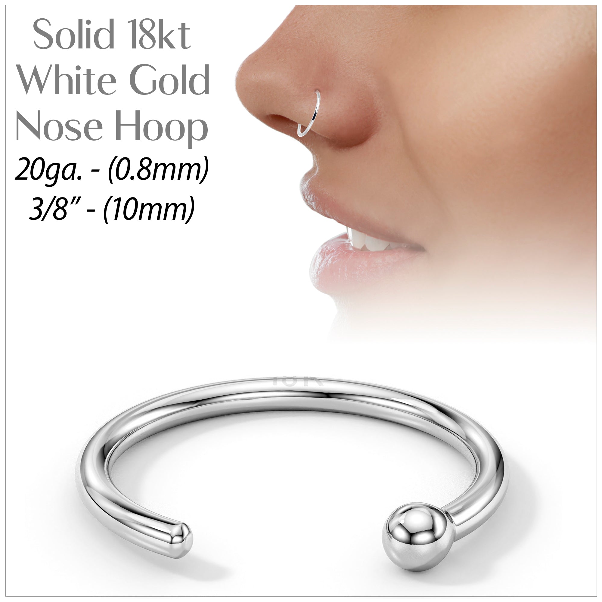 20 Gauge 3/8 Solid 18KT White Gold Nose Hoop