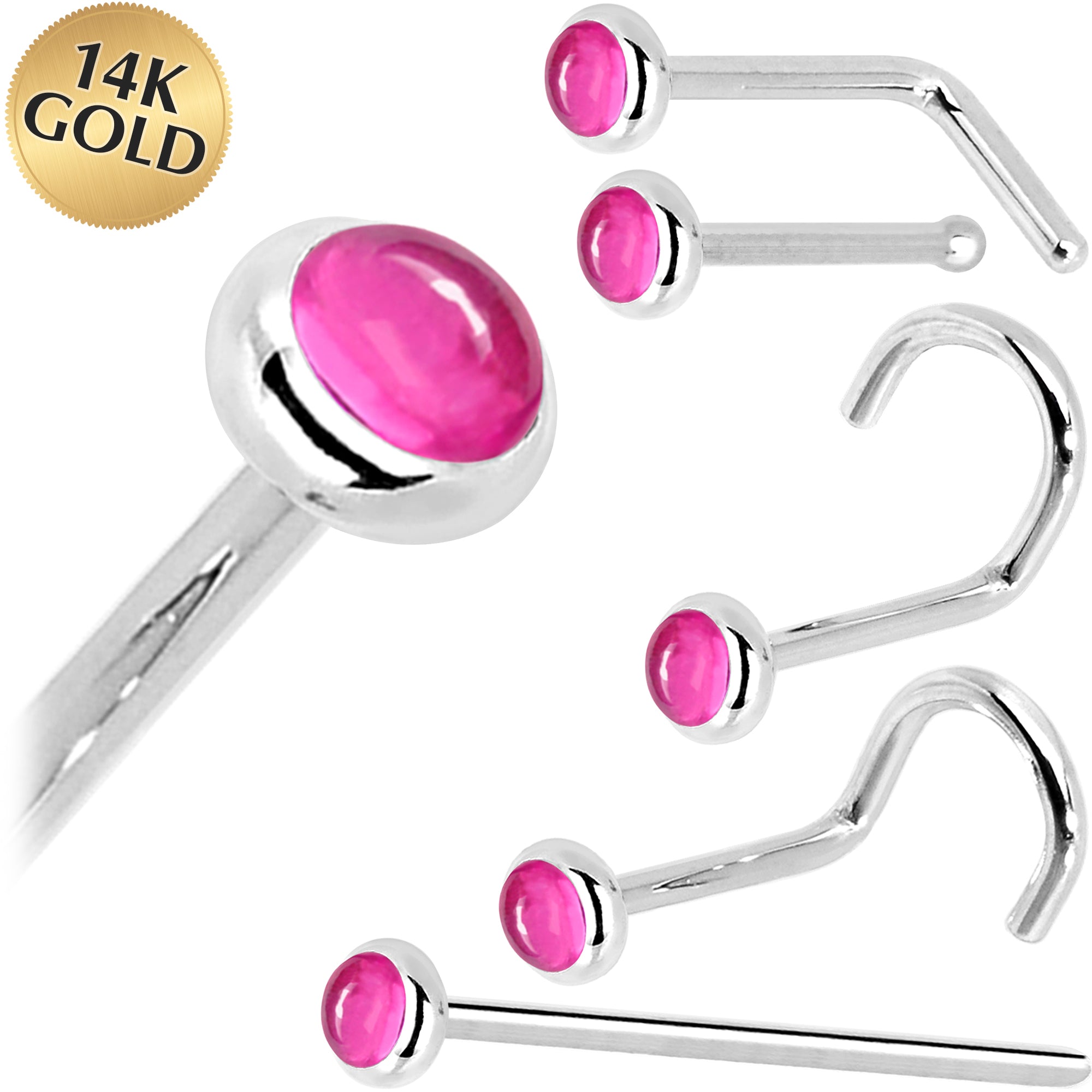 Solid 14KT White Gold Pink Tourmaline Nose Ring in 18 gauge