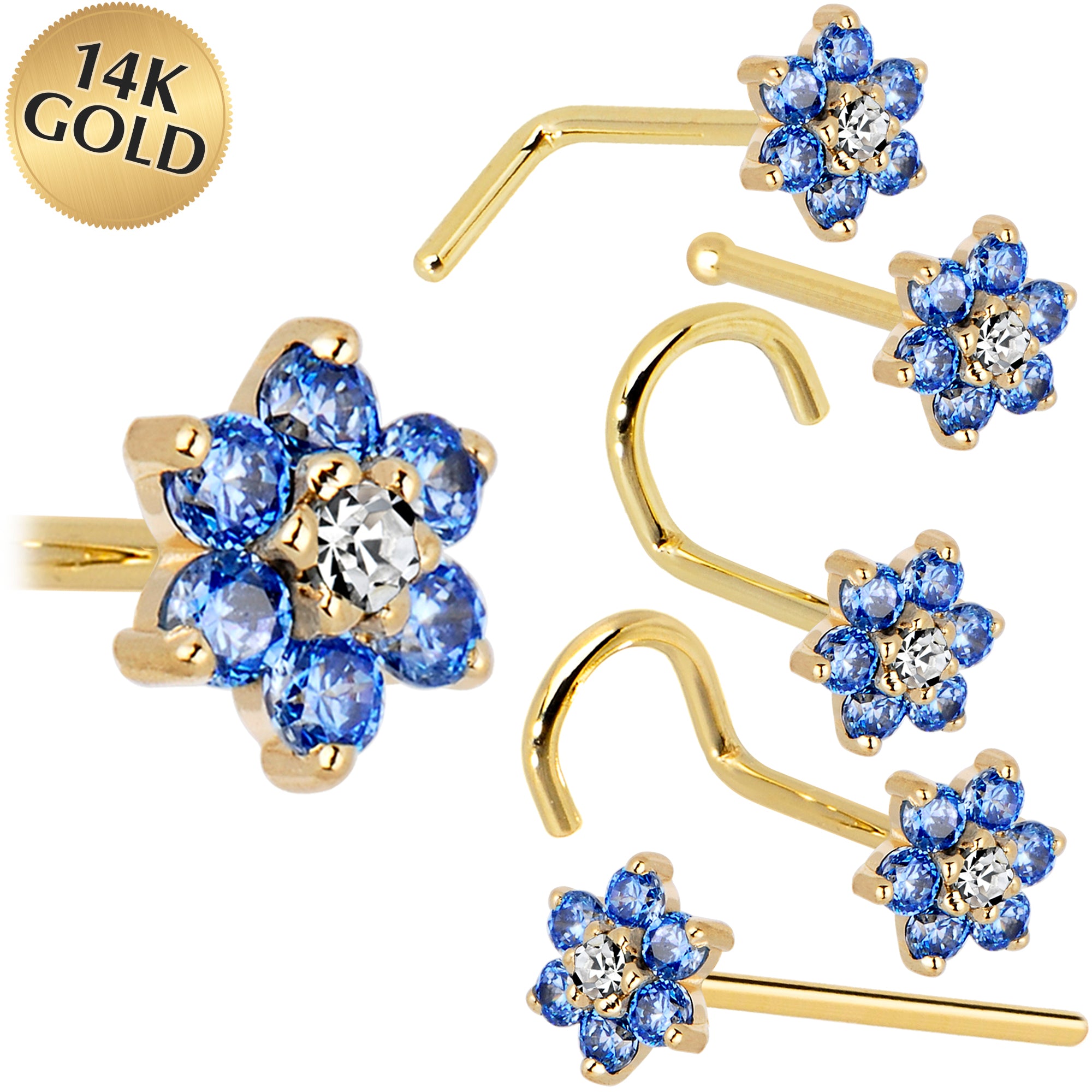 Solid 14KT Yellow Gold Arctic Blue and Clear Cubic Zirconia Flower Nose Ring