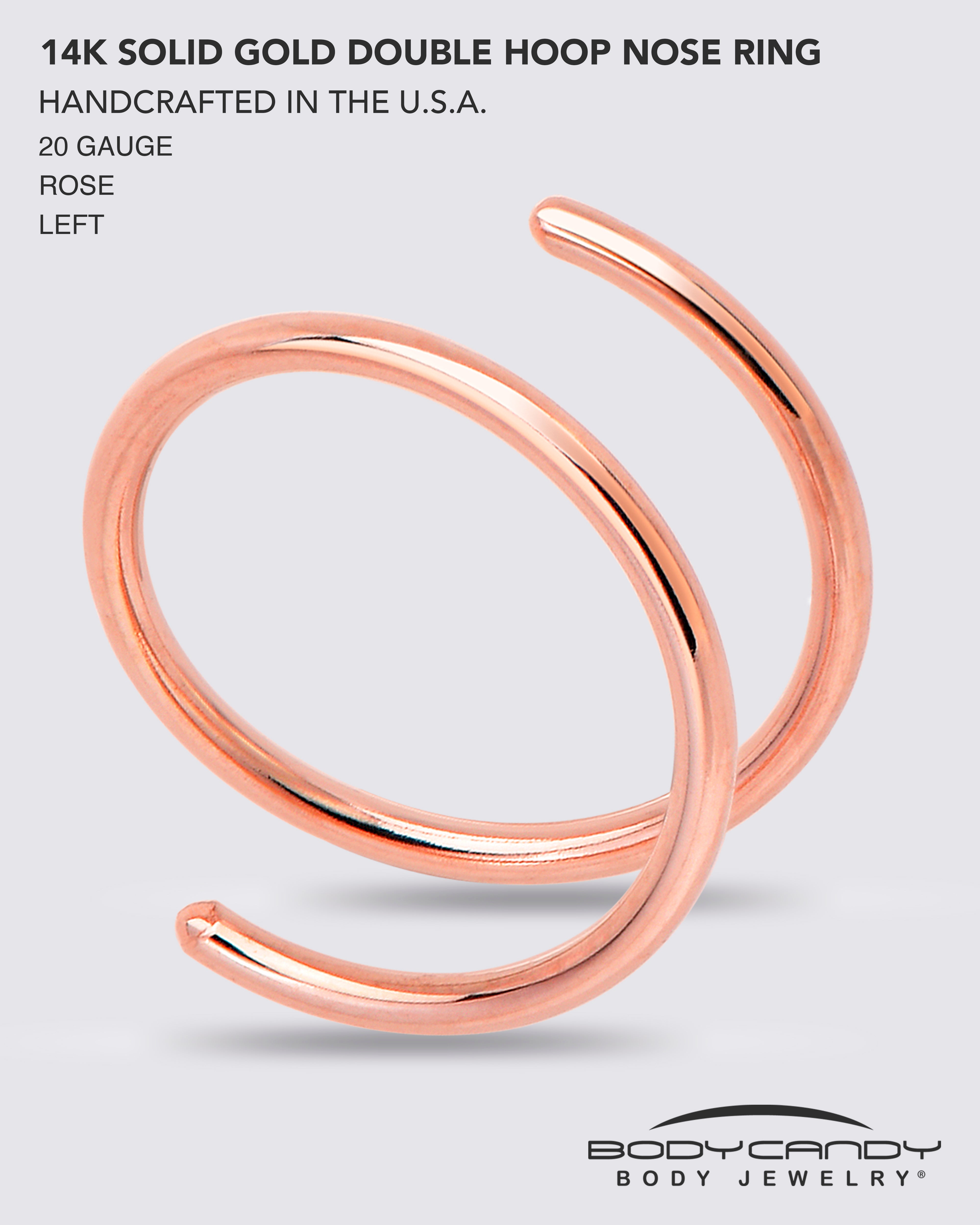 Double Hoop Nose Solid 14k Rose Gold Spiral Nose Ring 20 Gauge 8mm Left