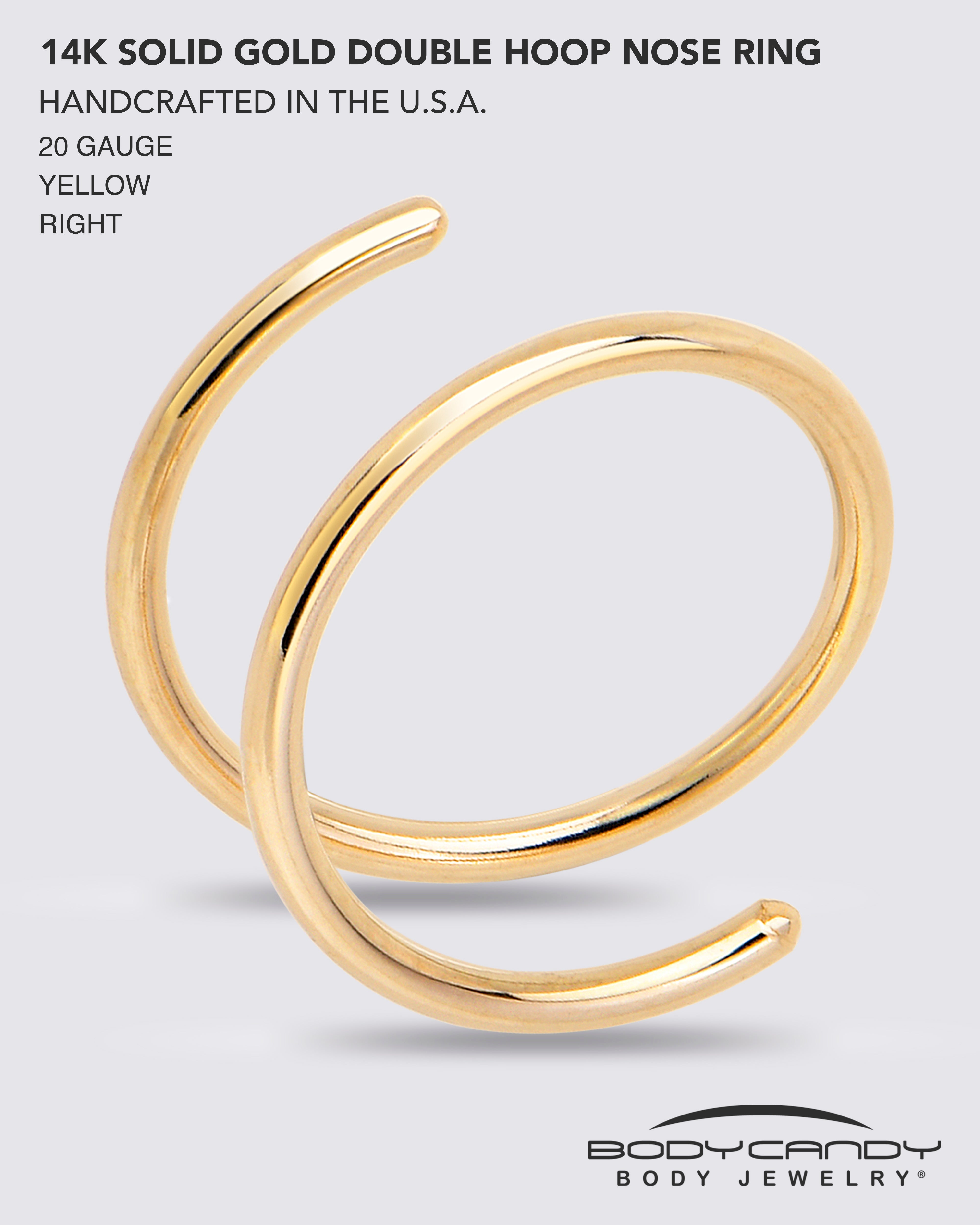 Double Hoop Nose Solid 14k Yellow Gold Spiral Nose Ring 20 Gauge 8mm Right