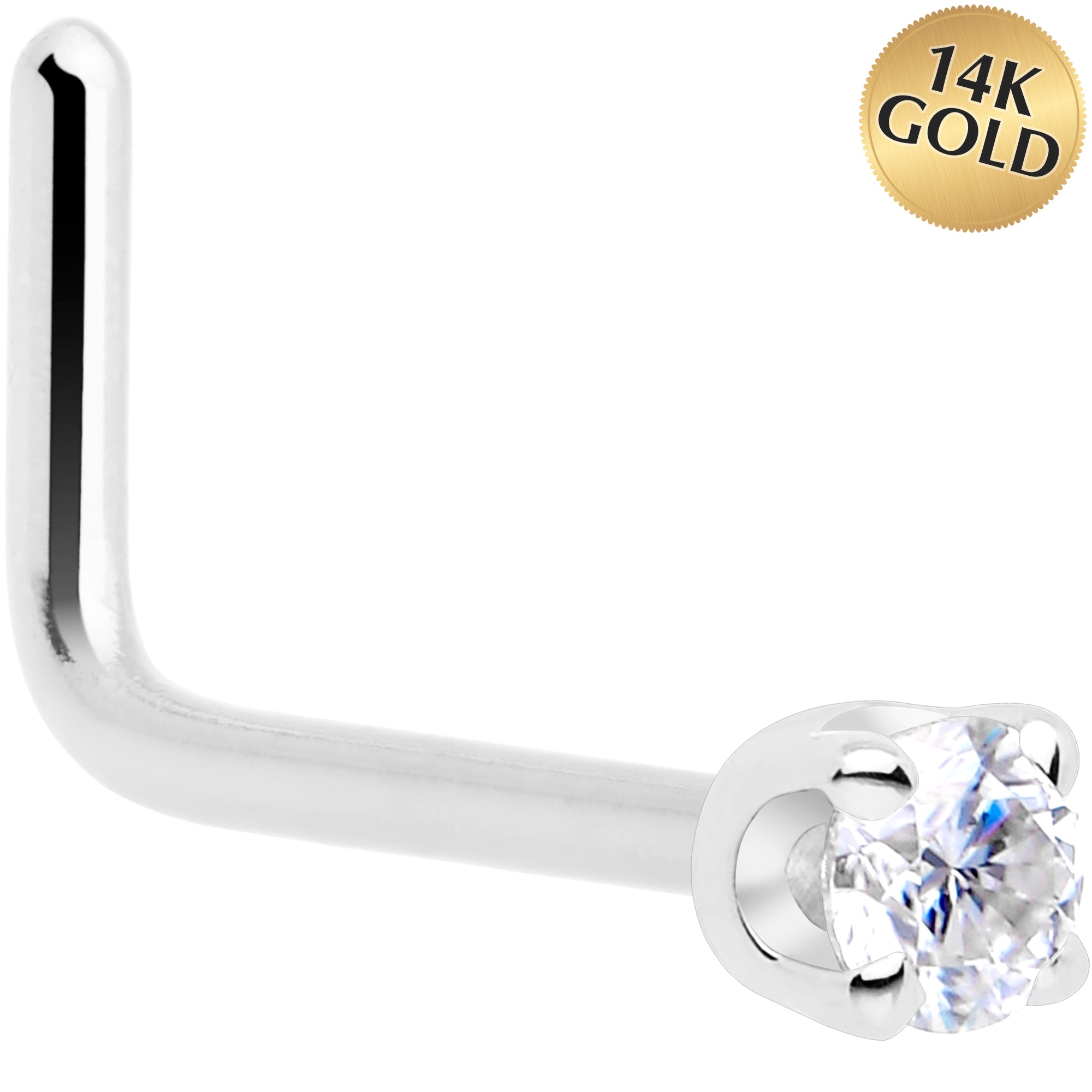 14k White Gold 2mm Diamond L-Shape Nose Ring 20 Gauge