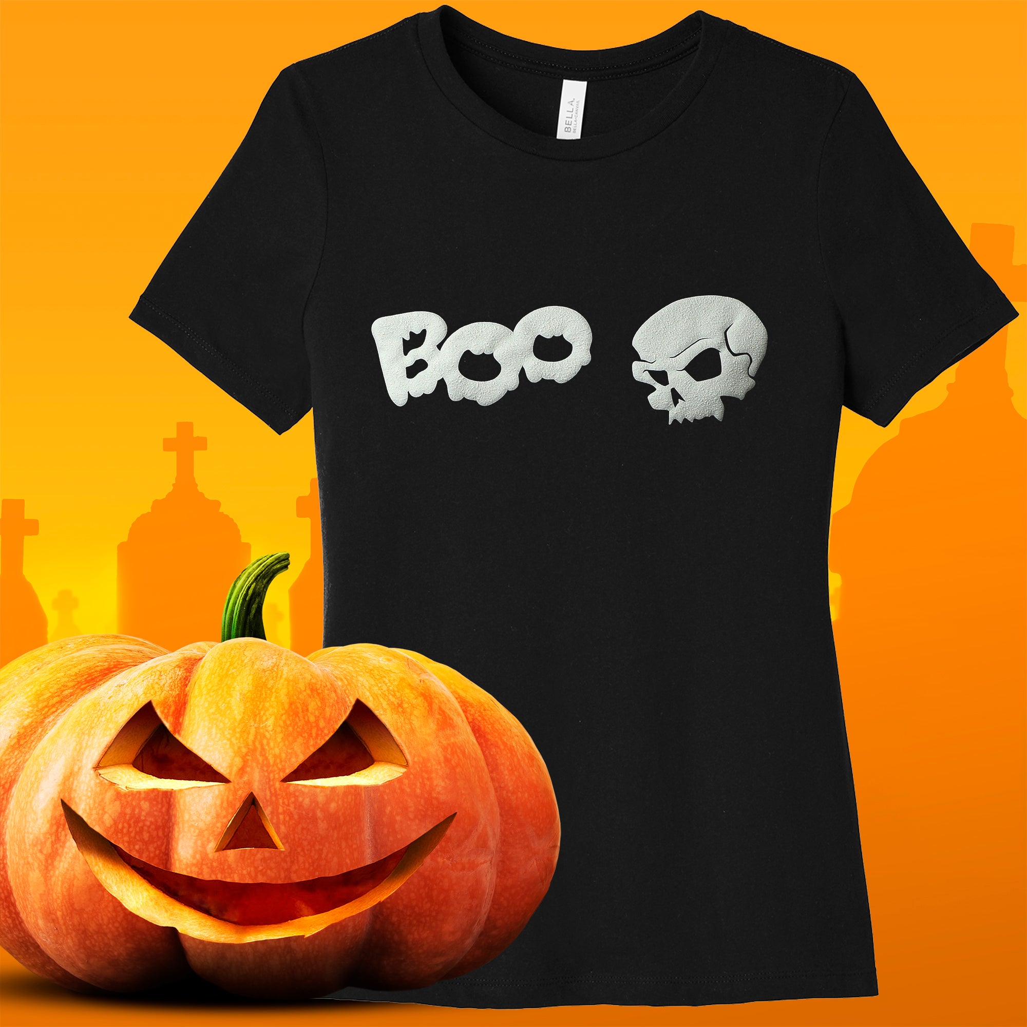 Skull Boo glow in the dark puff Halloween graphic tee shirt