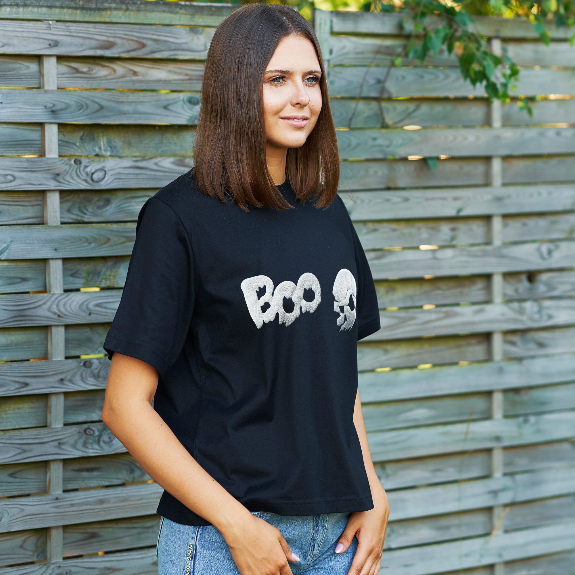 Glow-in-the-dark Skull Boo puff Halloween shirt for spooky vibes