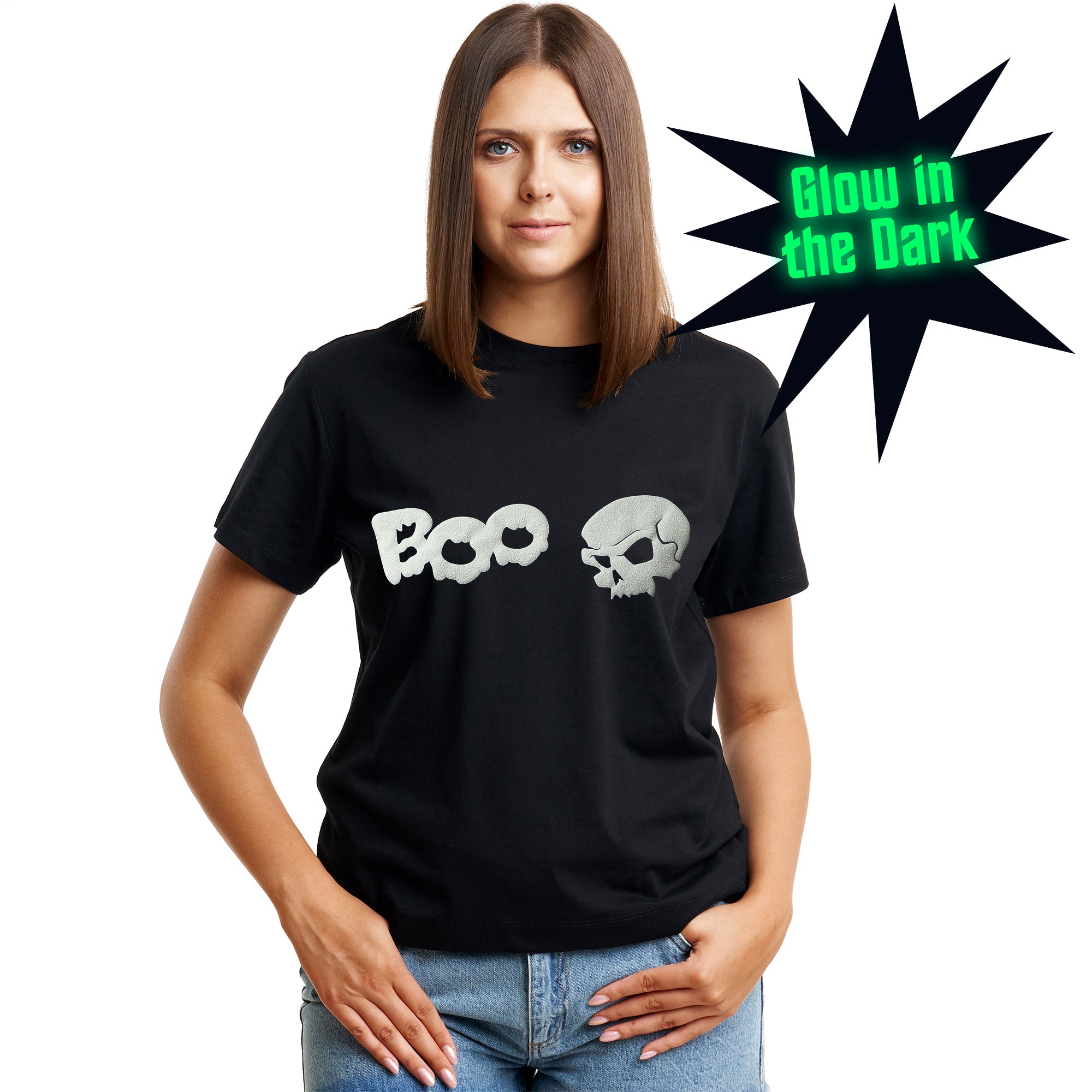 Glow in the dark Skull Boo Halloween tee shirt with puff design