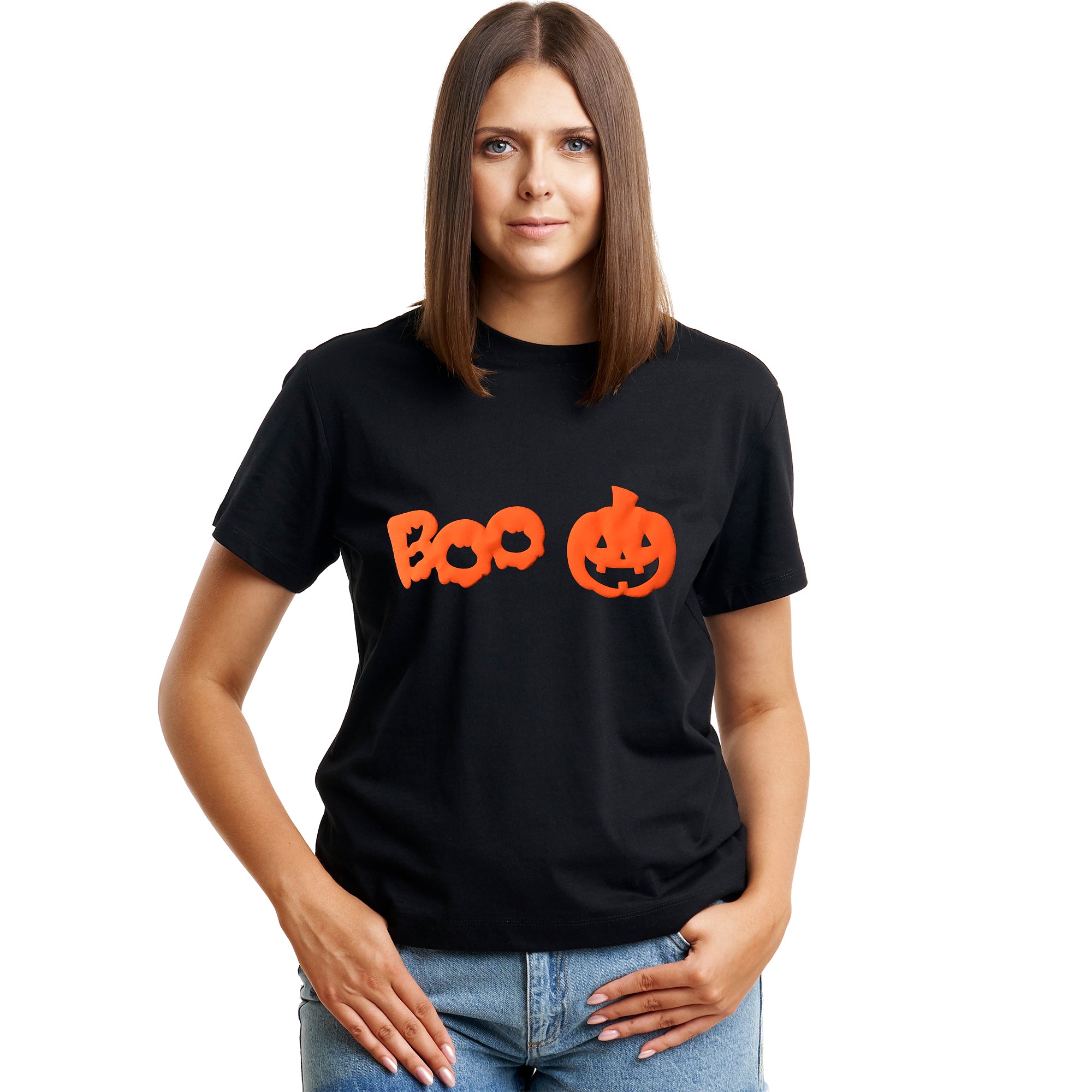 Orange puff Halloween t-shirt with pumpkin boo design