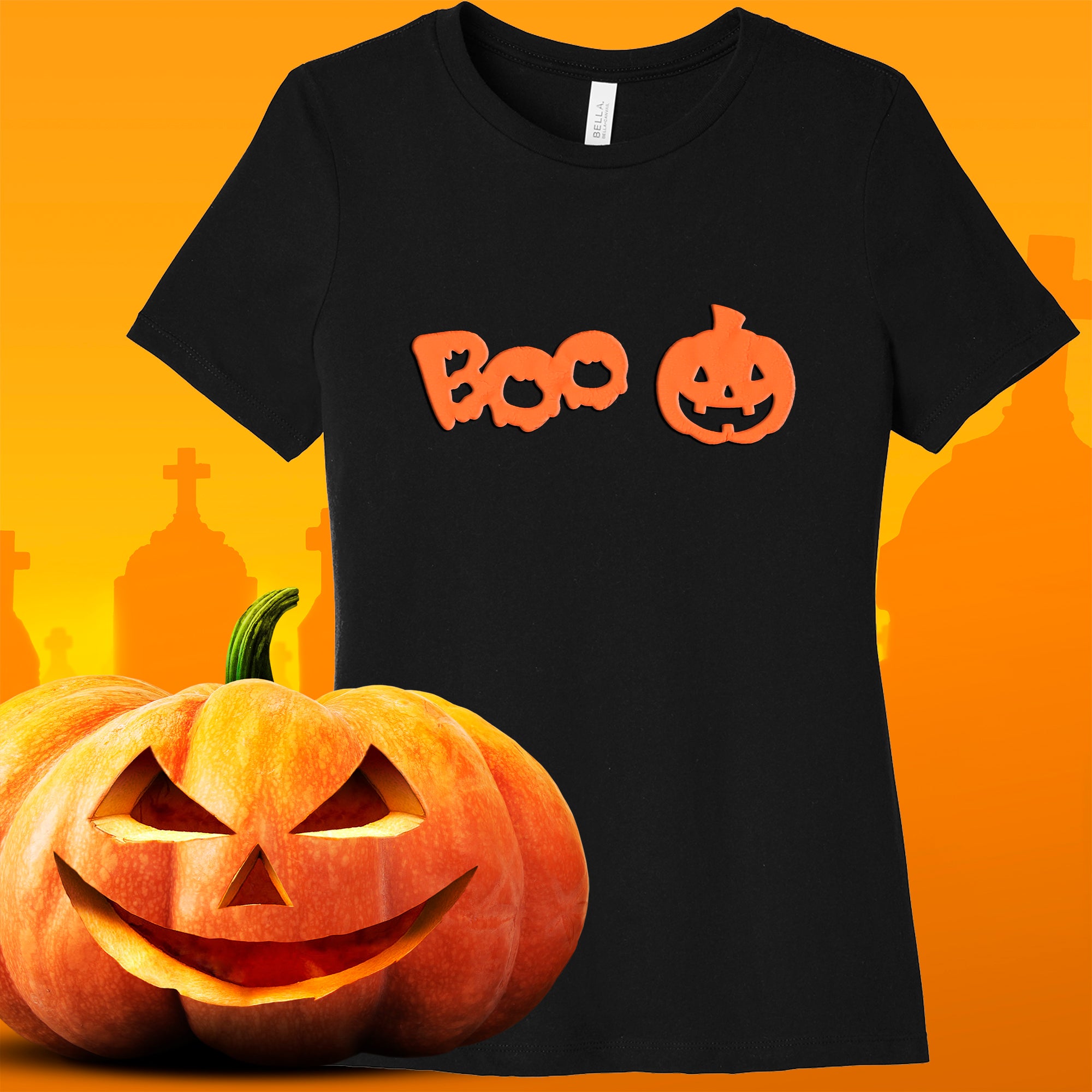 Halloween tee shirt featuring pumpkin boo puff design