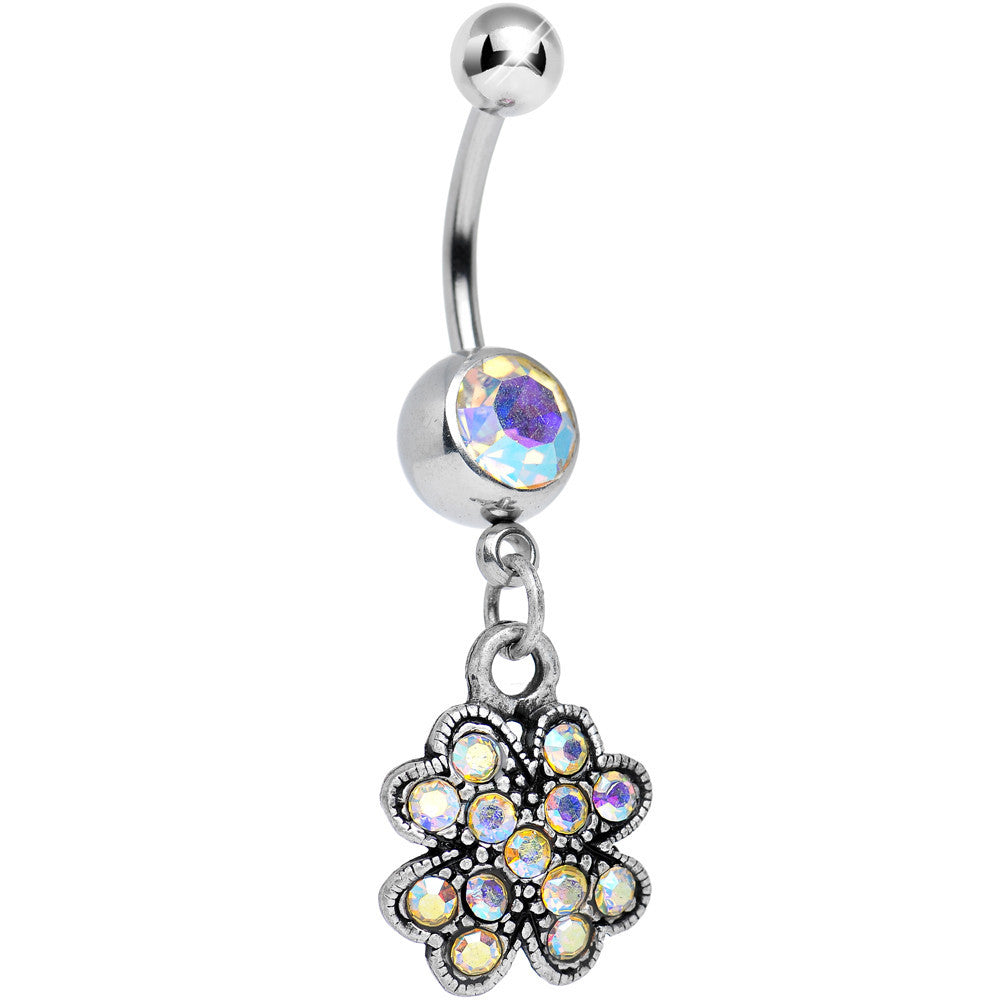 Antique Silver Giant Clover Aurora Gem Dangle Belly Ring