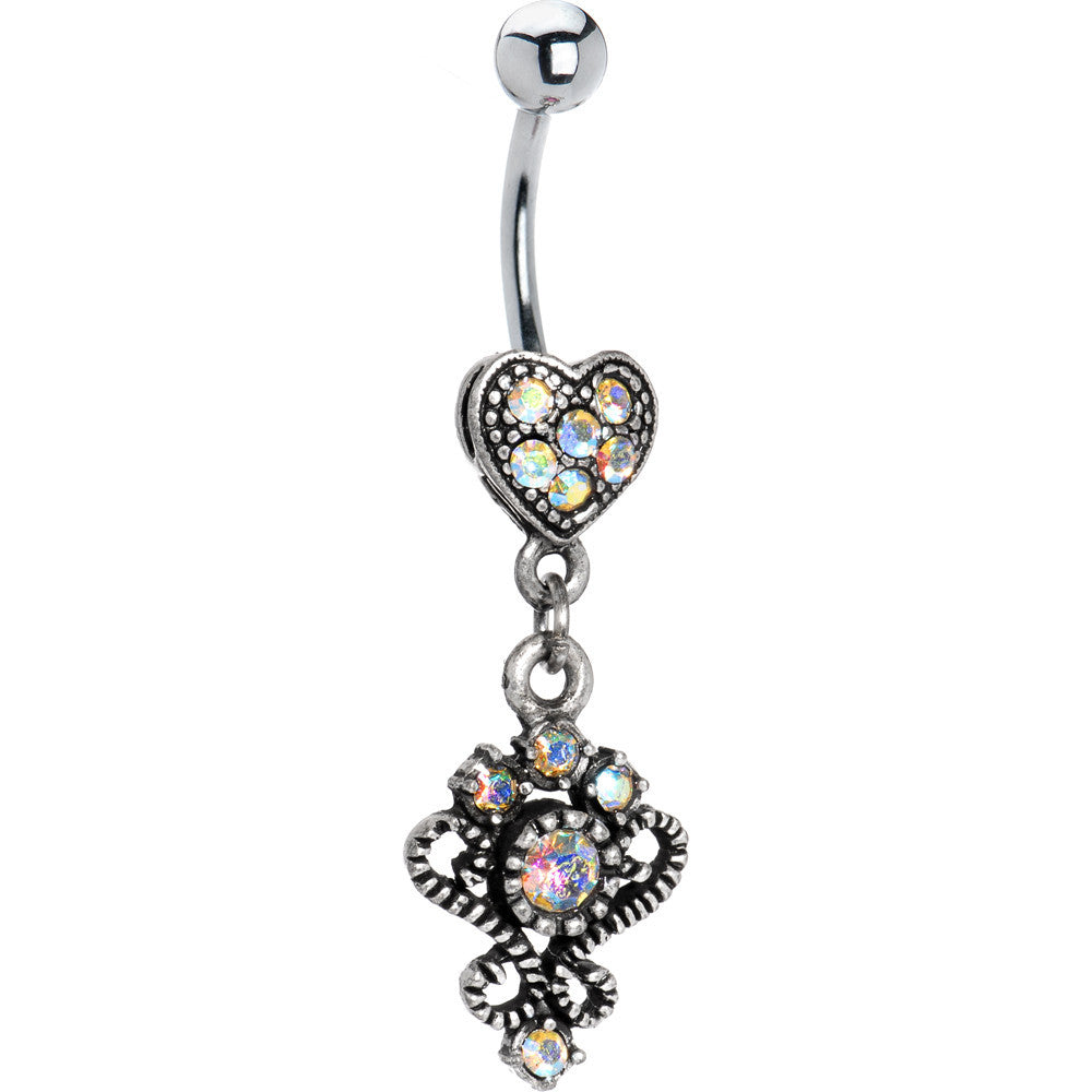 Antique Silver Victorian Heart Aurora Gem Dangle Belly Ring