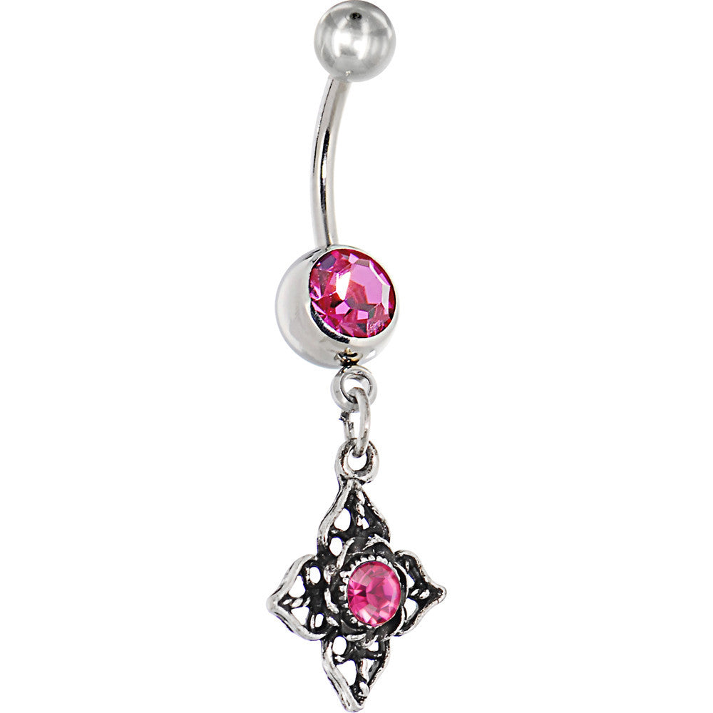 Full Bloom Passion Pink Gem Dangle Belly Ring