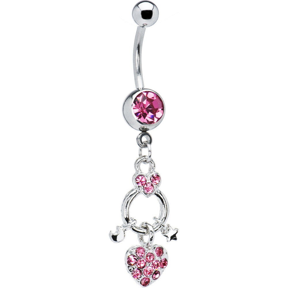 Pink Gem HEART STAR MOON CHARM Dangle Belly Ring