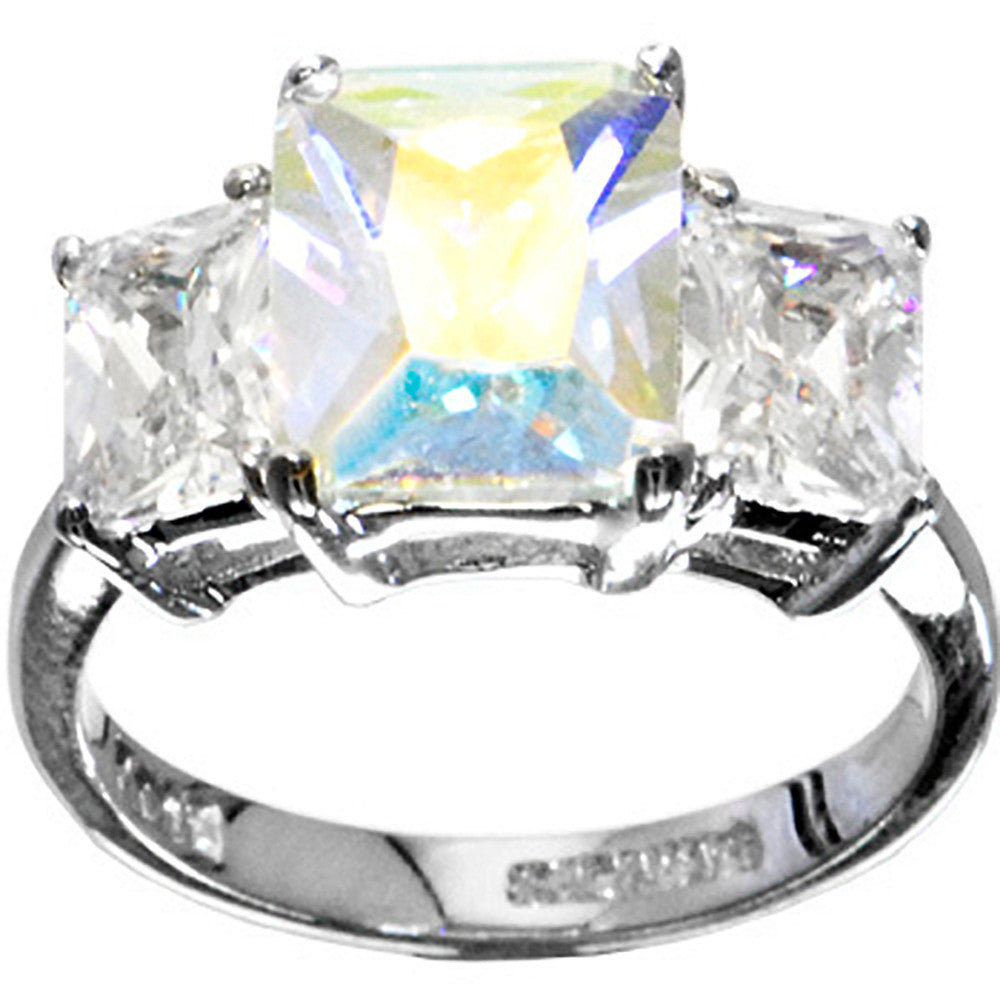 Silver CRYSTAL .80 Carat Cubic Zirconia RECTANGLE TRIO Ring