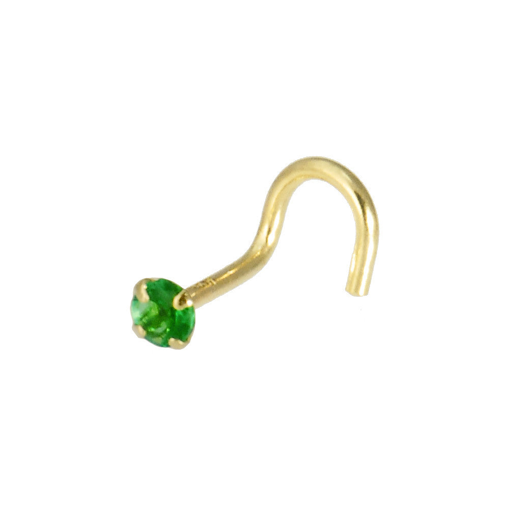 Solid 14kt Yellow Gold 2mm Emerald Cubic Zirconia Solitaire Nose Ring