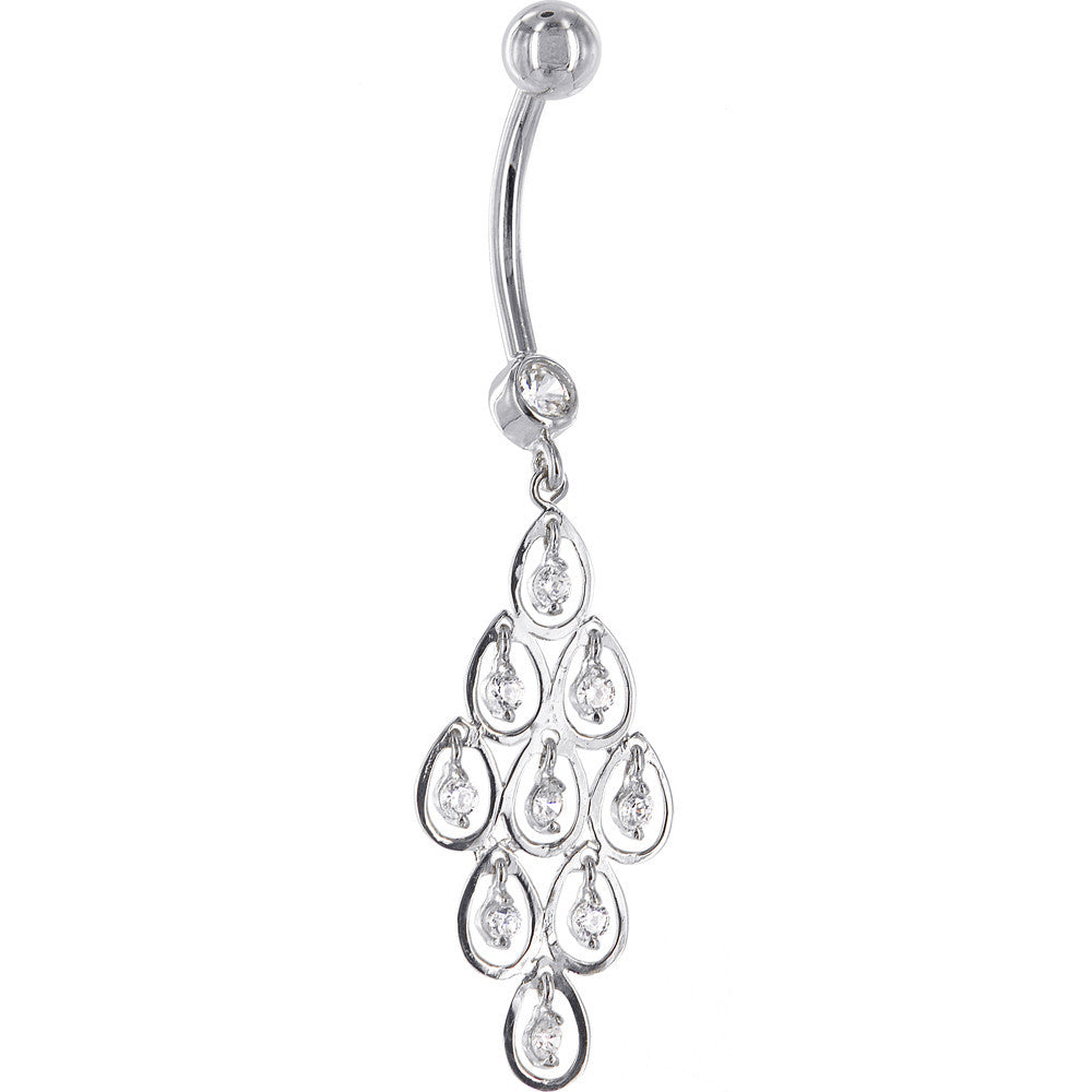 16 Gauge Solid 14KT White Gold TEARDROP CHANDELIER Cubic Zirconia Belly Ring