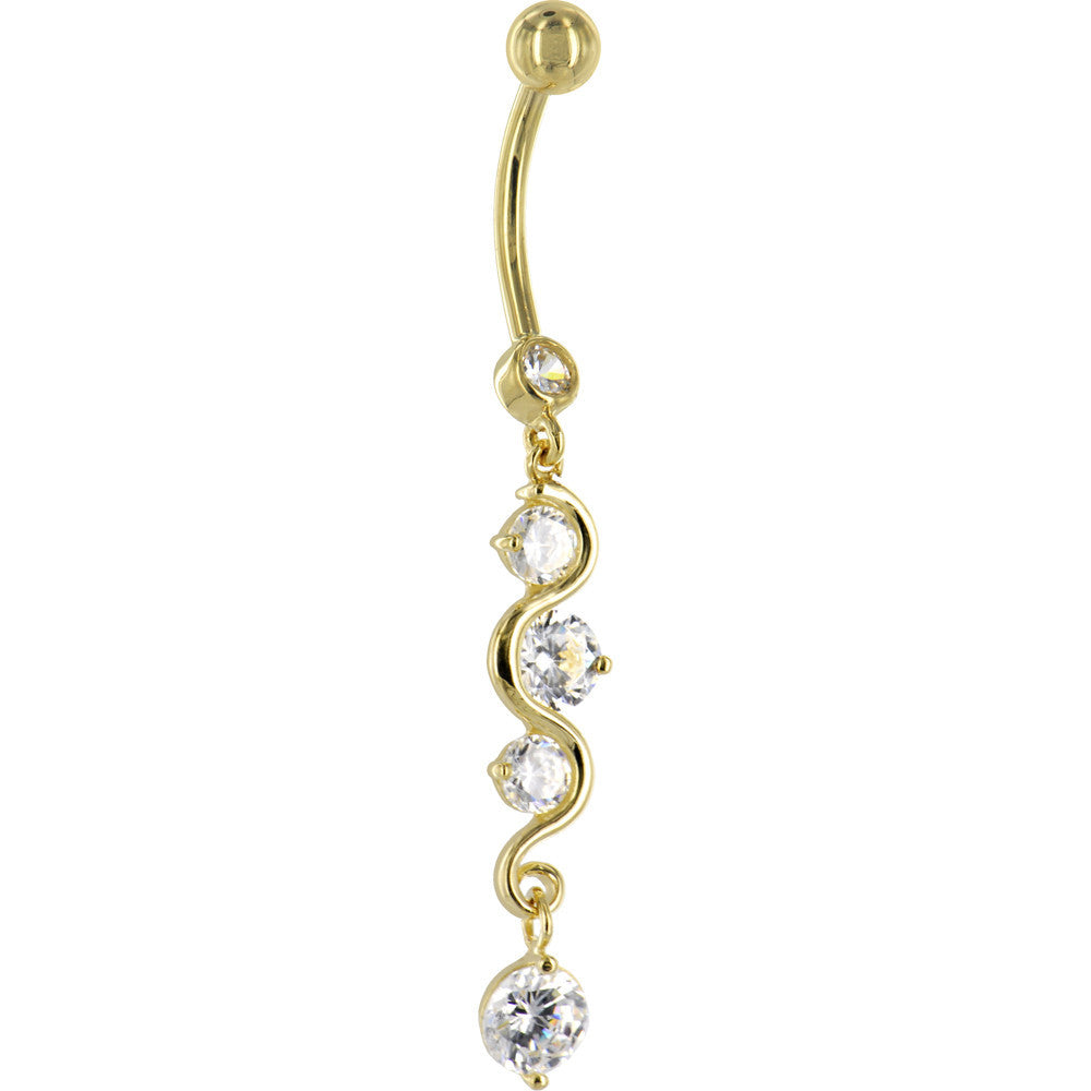 16 Gauge Solid 14KT Yellow Gold SCROLL DELIGHT Cubic Zirconia Belly Ring