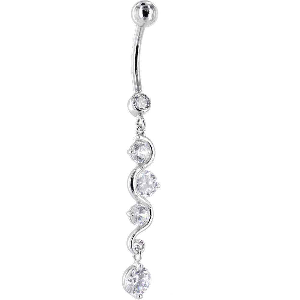 16 Gauge Solid 14KT White Gold SCROLL DELIGHT Cubic Zirconia Belly Ring