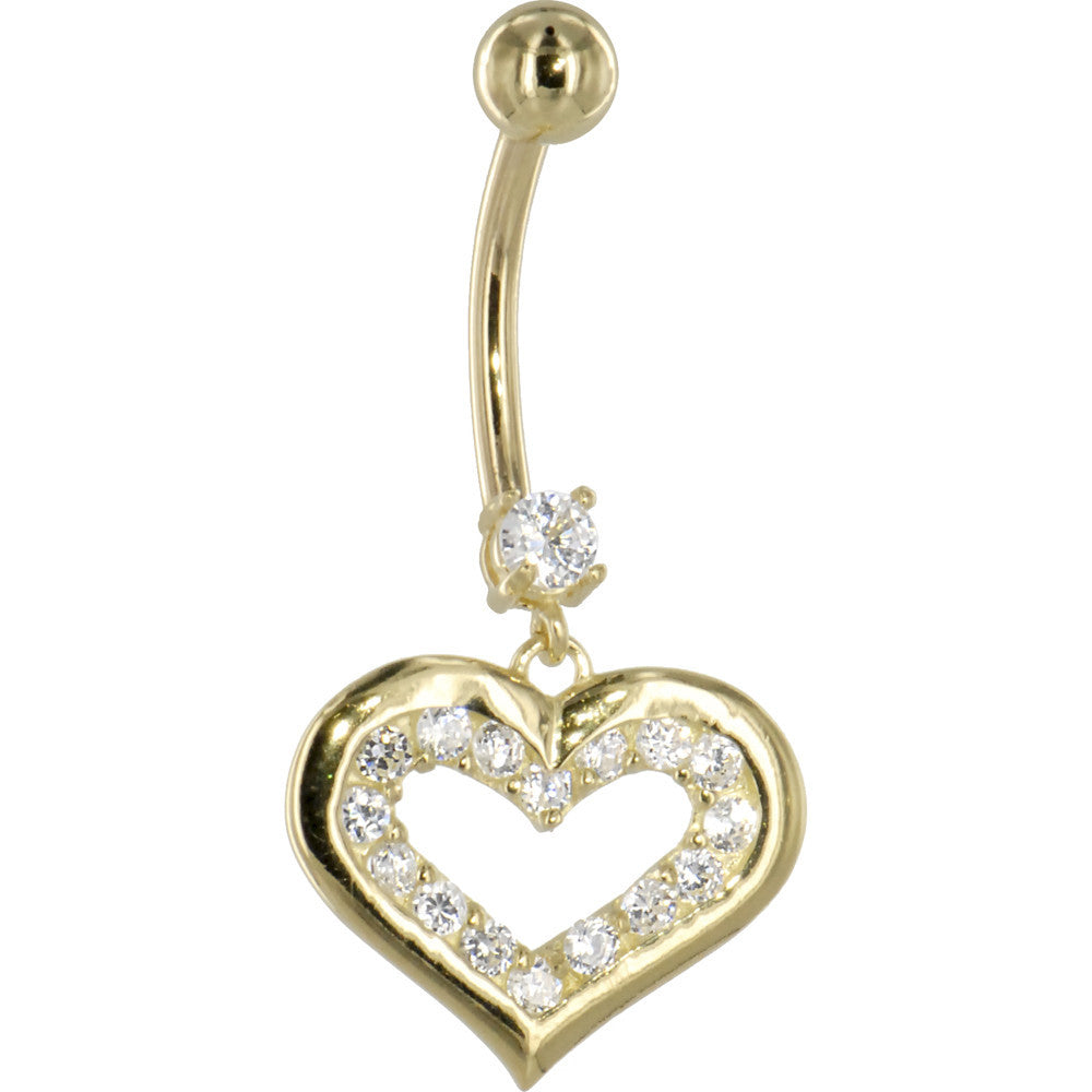 16 Gauge Solid 14KT Yellow Gold Cubic Zirconia ENCASED HEART Dangle Belly Ring