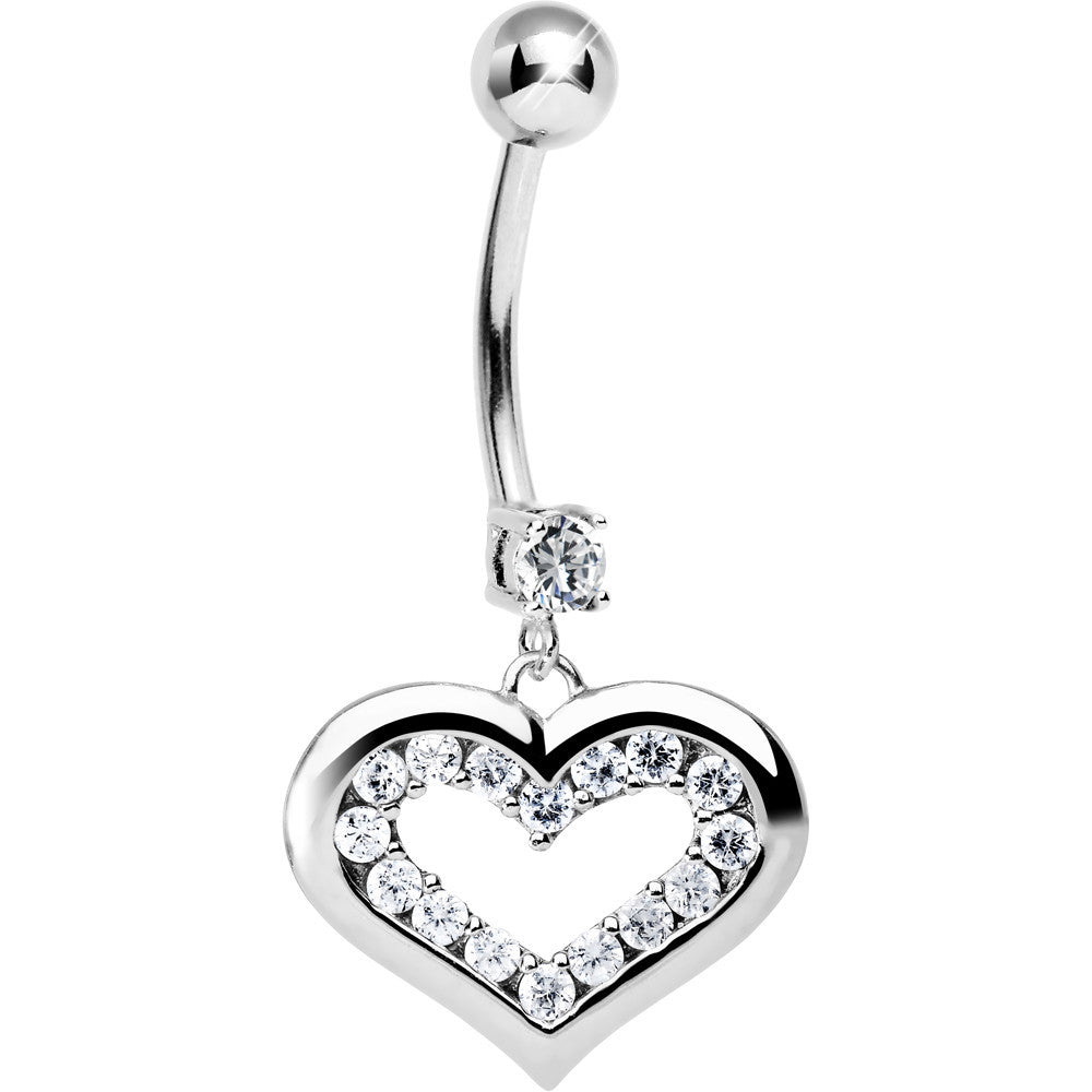 16 Gauge Solid 14KT White Gold Cubic Zirconia ENCASED HEART Dangle Belly Ring