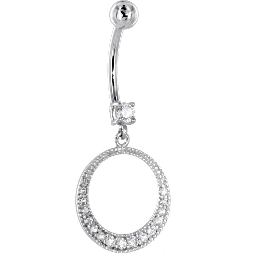 16 Gauge Solid 14KT White Gold Cubic Zirconia EXOTIC CIRCULAR Dangle Belly Ring