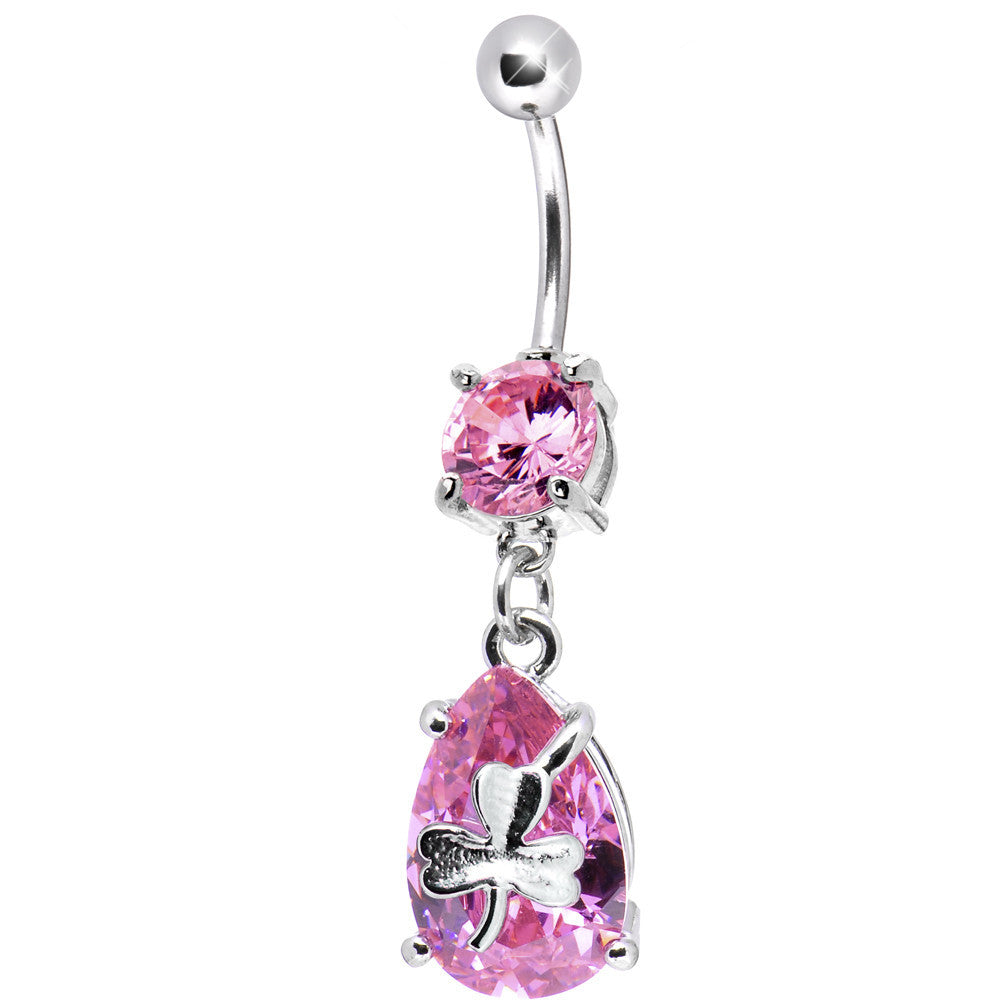 Pink Cubic Zirconia Teardrop Shamrock Belly Ring