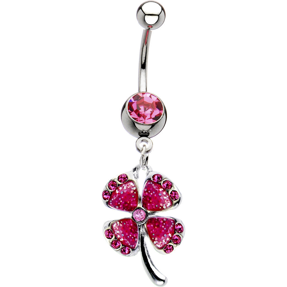 Pink Gem Glitzy Four Leaf Clover Belly Ring