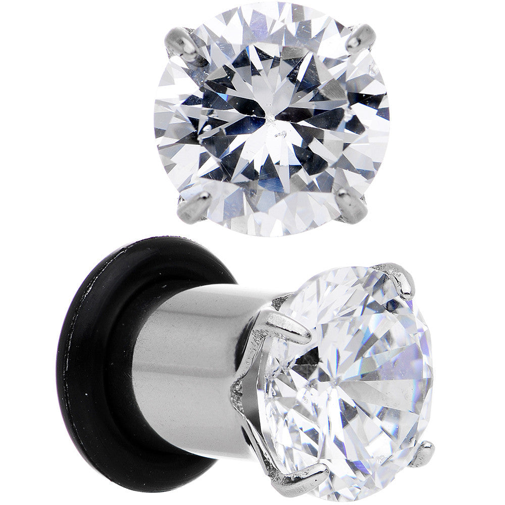 2 Gauge Clear CZ Gem Stainless Steel Single Flare Plug Set