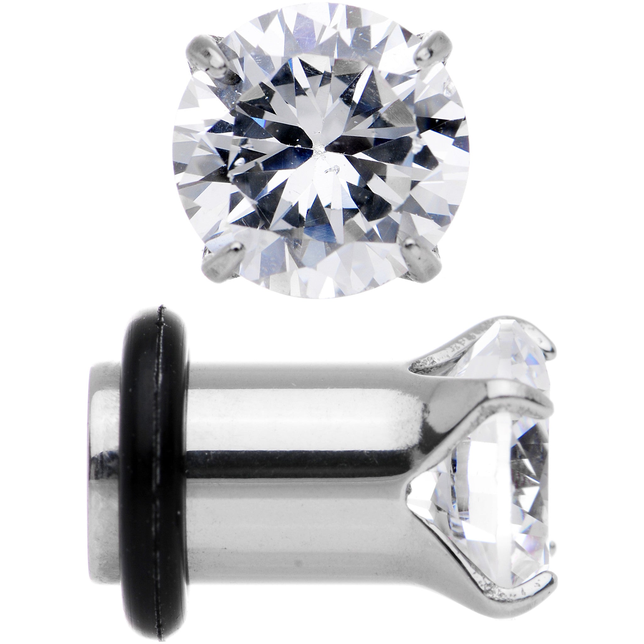 2 Gauge Clear CZ Gem Stainless Steel Single Flare Plug Set