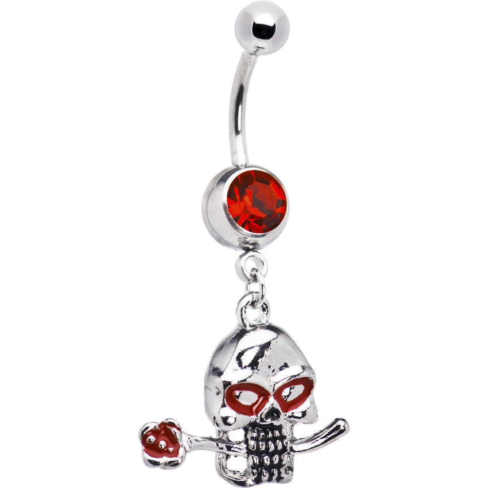 Ruby Red Gem Rose Flower Skull Dangle Belly Ring