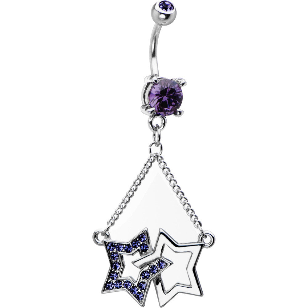 Dual Star Tanzanite Cubic Zirconia Dangle Chain Belly Ring