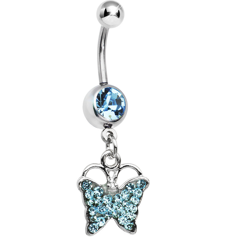 Aqua Gem Paved Butterfly Dangle Belly Ring