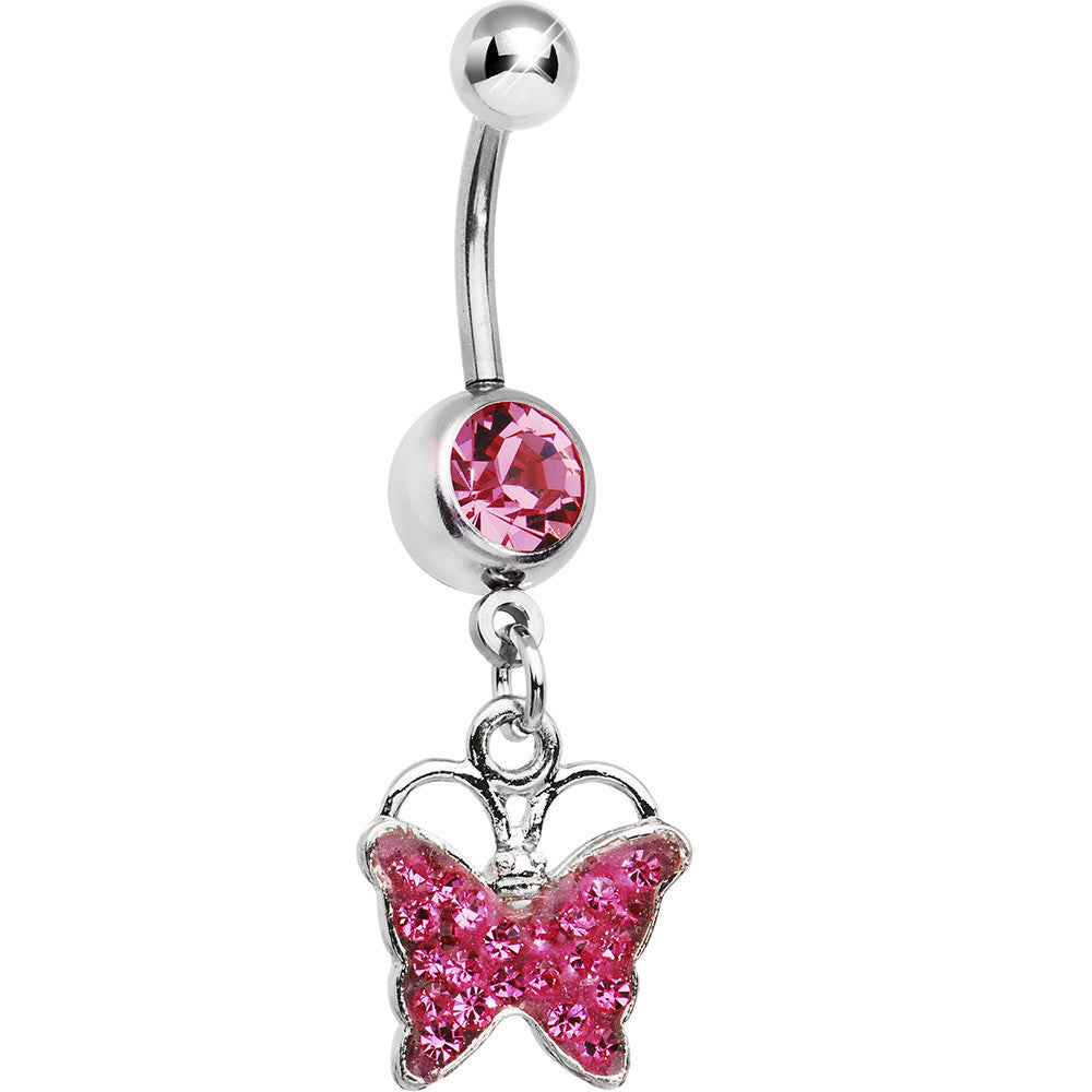 Pink Gem Paved Butterfly Dangle Belly Ring