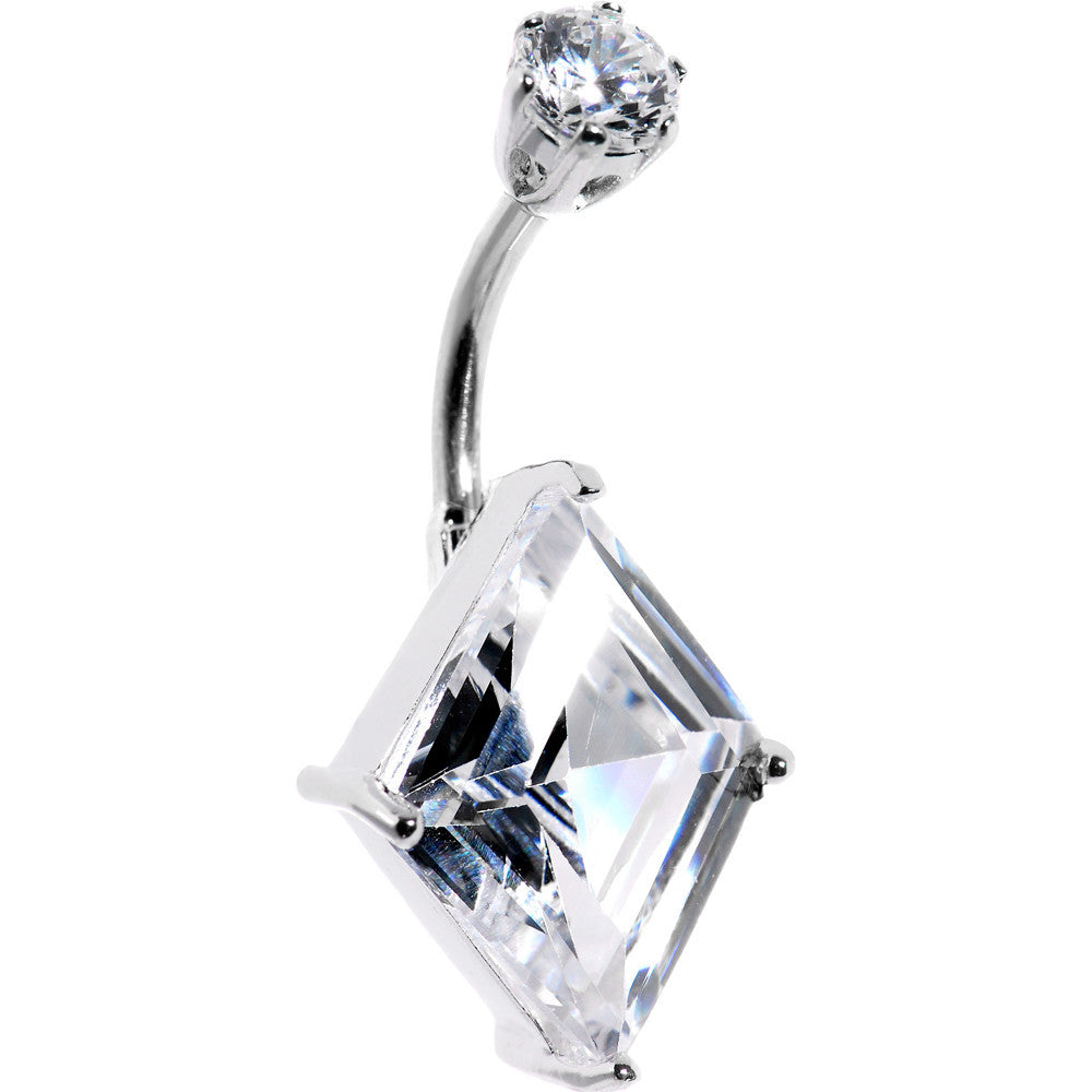 Sterling Silver 925 Cubic Zirconia Diamond Contour Solitaire Belly Ring