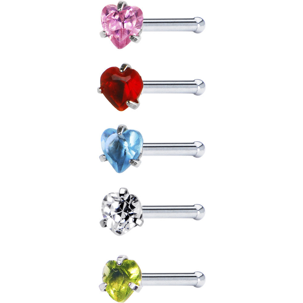 18 Gauge Stainless Steel Heart CZ Nose Bone Pack Set