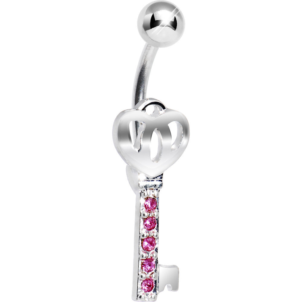 Pink Gem Skeleton Heart Key Belly Ring