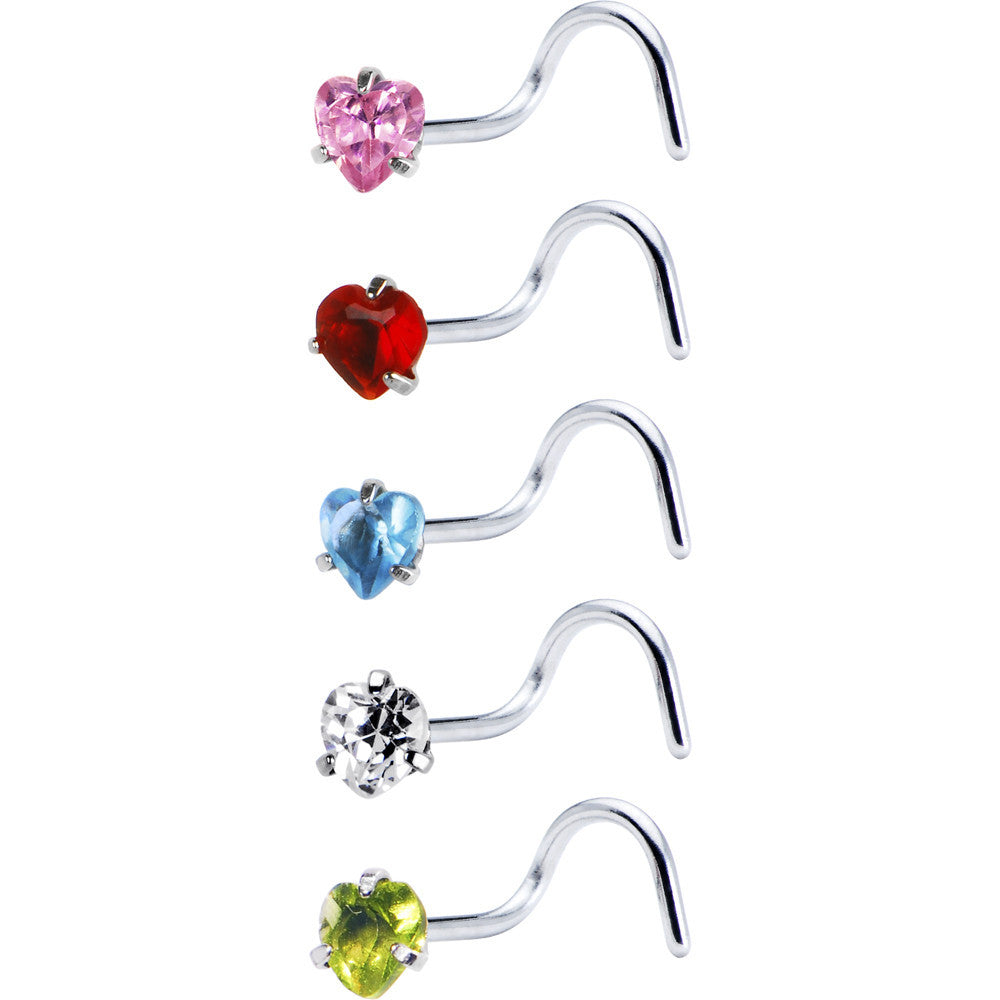 20 Gauge Stainless Steel Heart CZ Nose Ring Pack