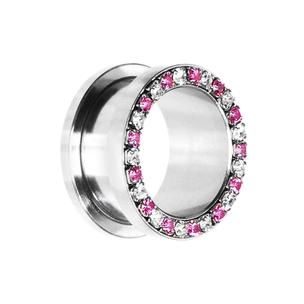 18mm Stainless Steel Pink Clear Gem Screw Fit Tunnel