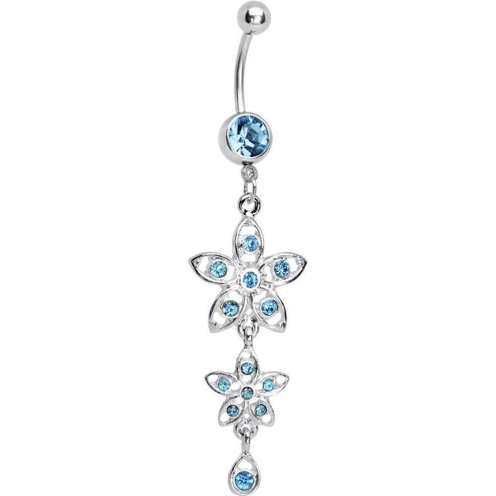 Aqua Gem Duet Flowers Belly Ring