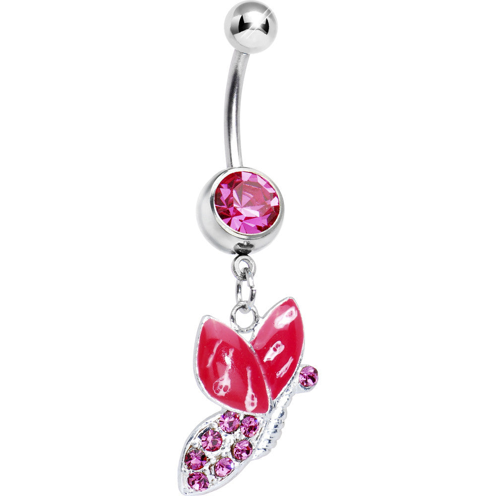 Pink Gem Sideways Butterfly Belly Ring