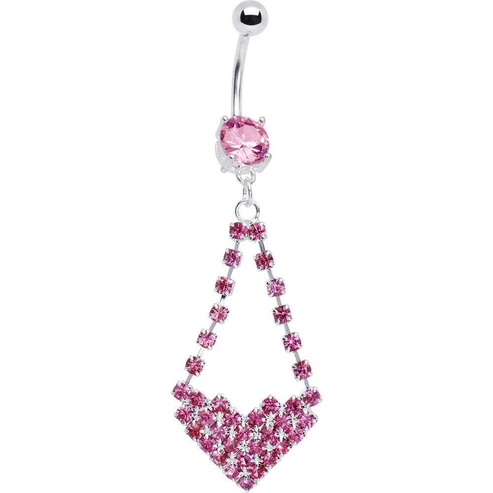 Pink Gem Cluster Heart Dangle Belly Ring