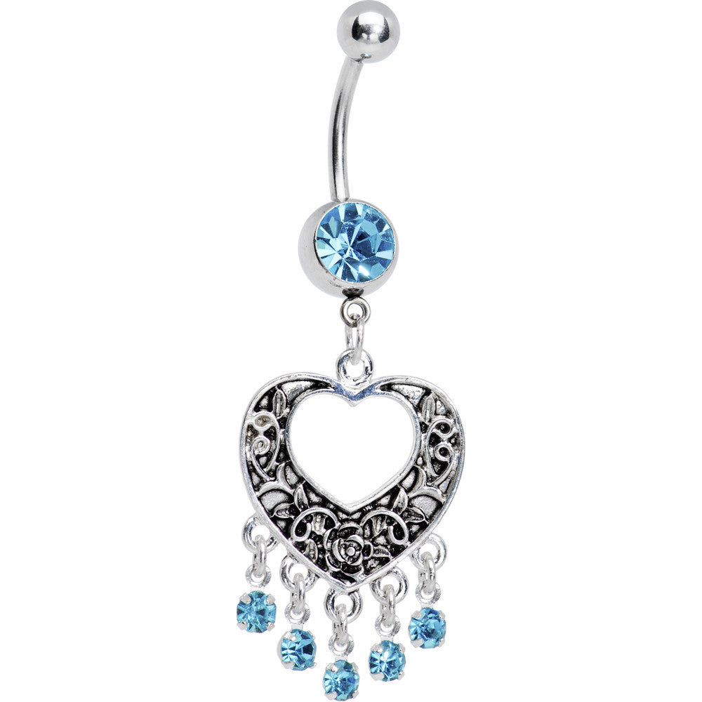 Aqua Gem Hollow Heart Chandelier Belly Ring