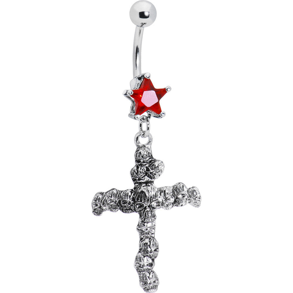 Ruby Red Star Skull Cross Belly Ring