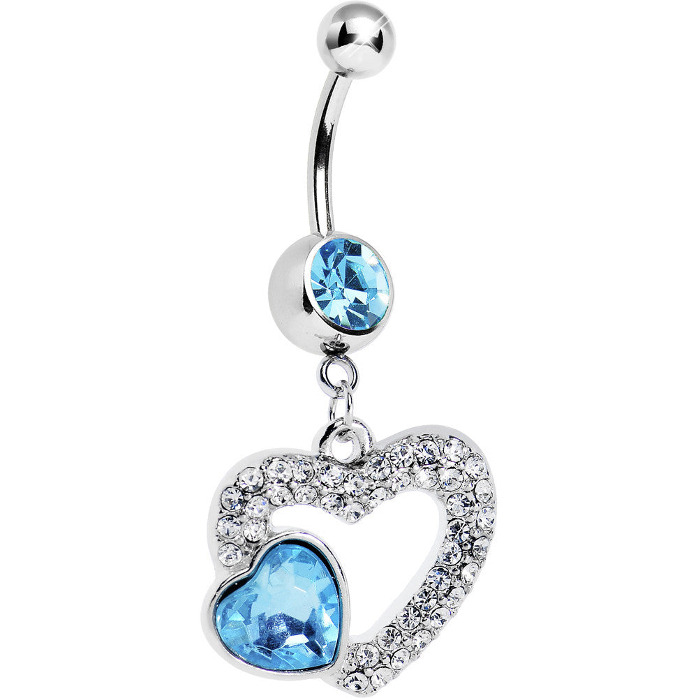 Aqua Gem Hollow Heart Dangle Belly Ring